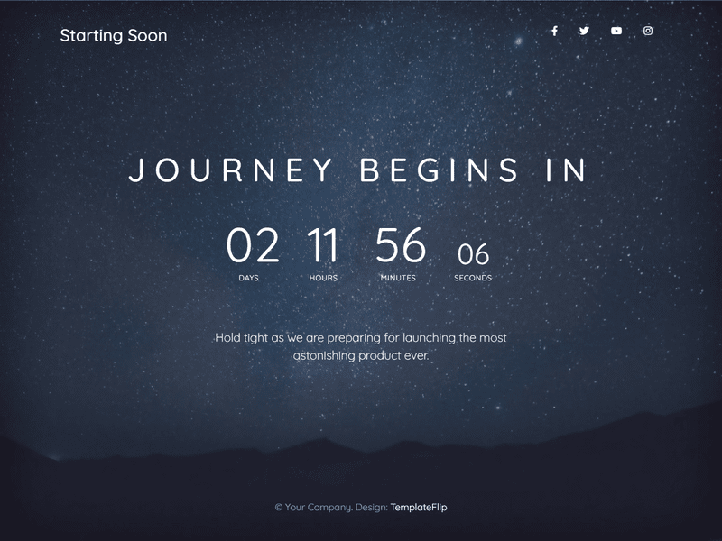 Starting Soon: Launch Page with Countdown and Video Background - TemplateFlip